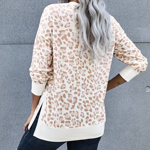 Round Neck Long Sleeve Leopard Print Loose Fit Swe - Picture 2 of 4
